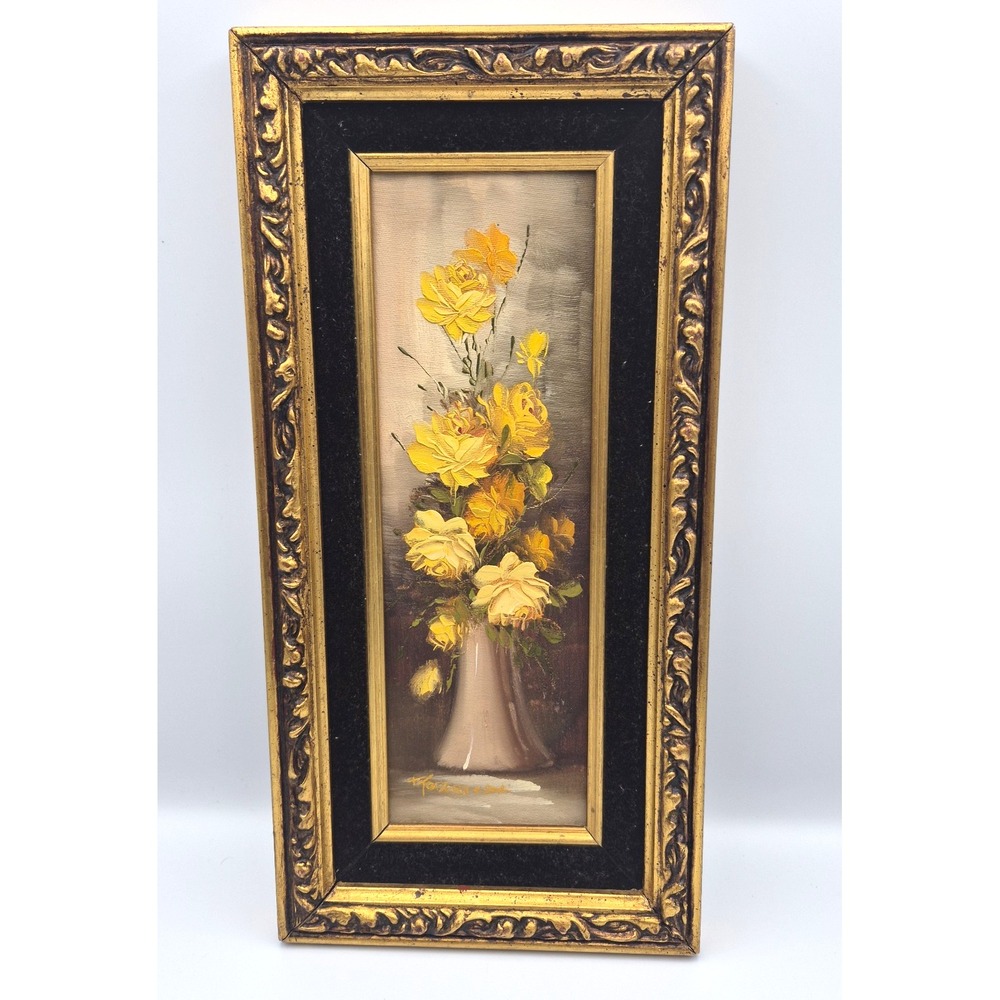 Vintage Robert Cox Still Life Gold Velvet Framed Yellow Rose Floral Oil Painting